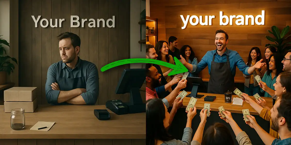 Before and after: a bored shop owner alone behind a counter labelled 'Your Brand', versus the same owner surrounded by happy customers handing over cash