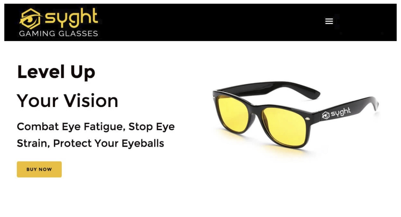 One of the product pages for successful business, Syght gaming glasses.