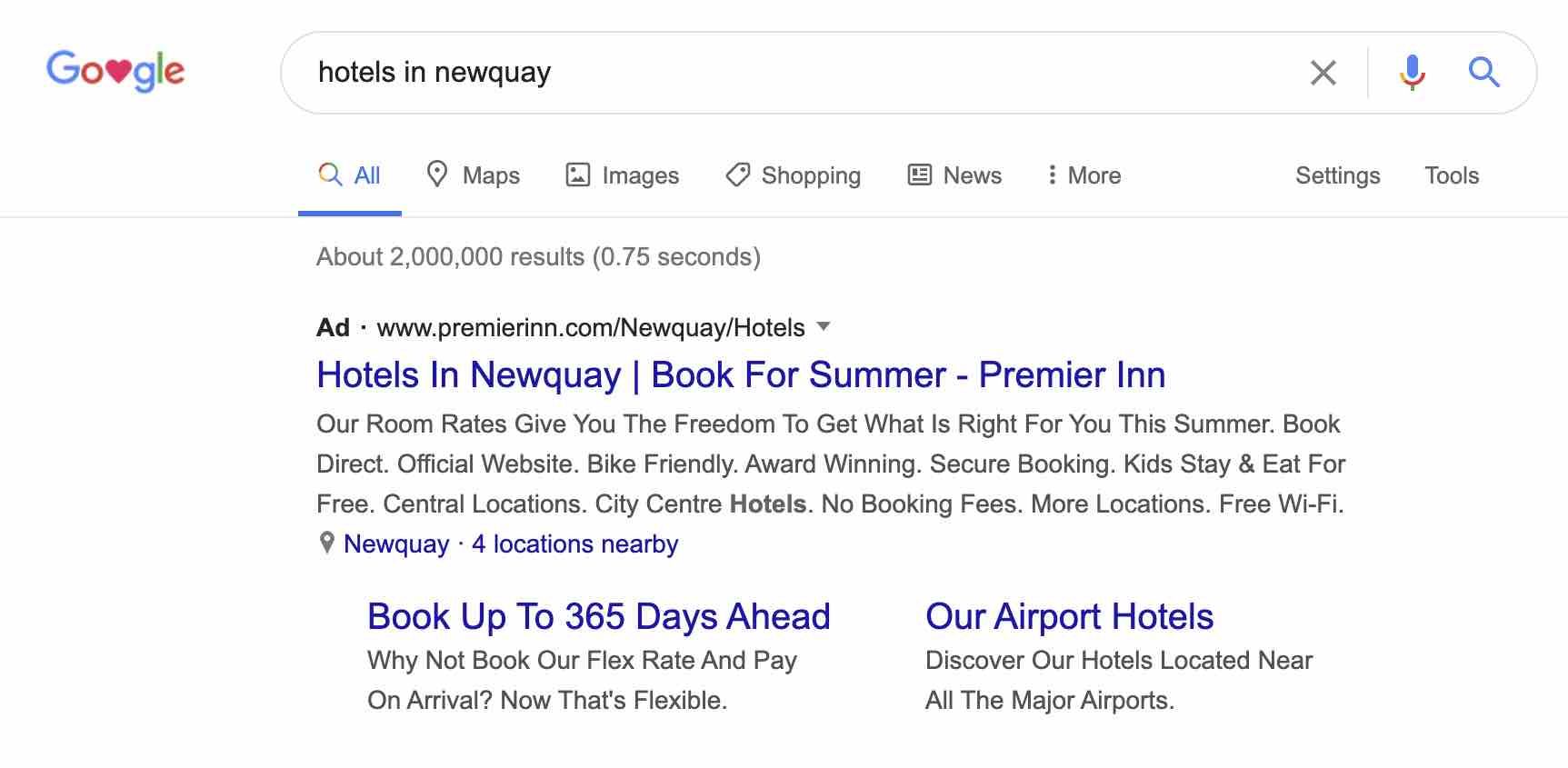 Paid advertising for hotels appears on Google.