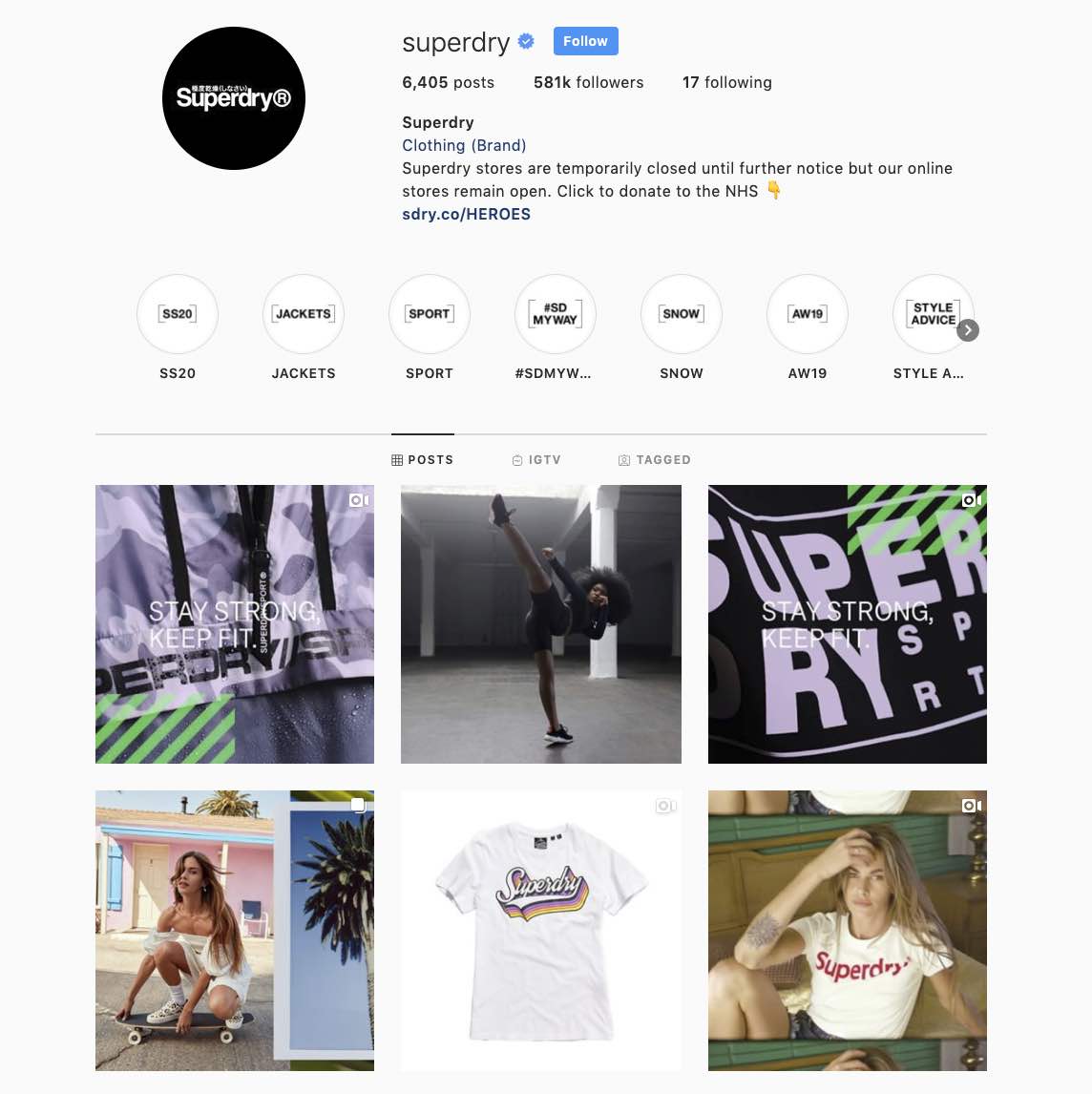 Clothing brand Superdry cultivates a cohesive brand image with visual digital marketing content on social media.